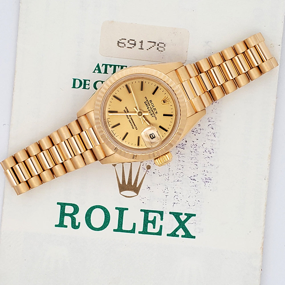 Rolex President Ladies 26mm Champagne Index Yellow Gold Watch 69178 Papers