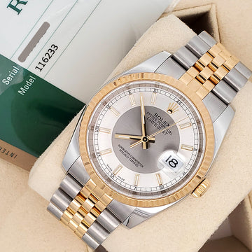 Rolex Datejust 36mm Silver Tuxedo 2-tone Yellow Gold/Steel Watch 116233 Jubilee Box Papers