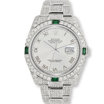 Rolex Datejust 36mm 116200 12.4CT Diamond Emeralds Bezel/Case/Bracelet/Silver Roman Dial Steel Watch Box Papers