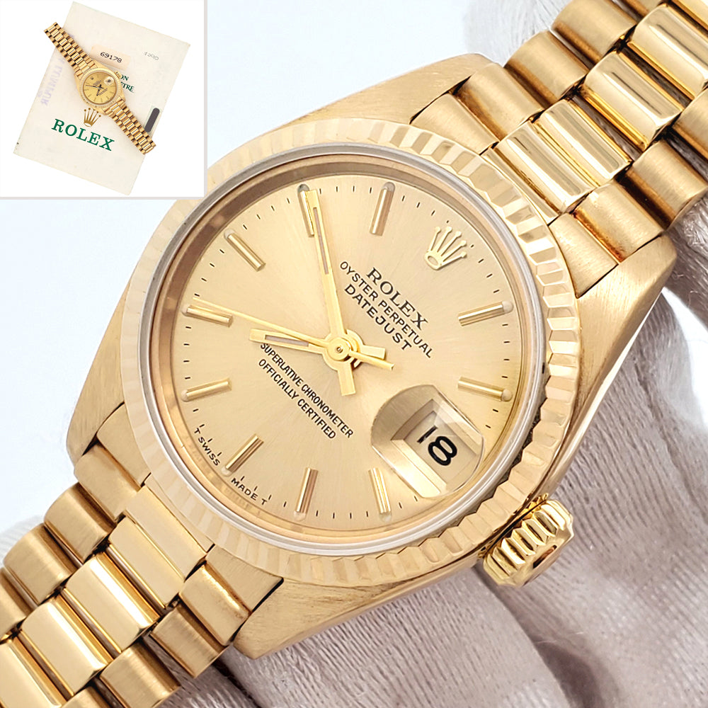 Rolex President Ladies Champagne Index Yellow Gold 26mm Watch 69178 Papers