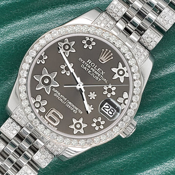 Rolex Datejust Midsize 31mm 3.30ct Diamond Bezel/Bracelet/Gray Floral Diamond Dial Steel Watch 178240