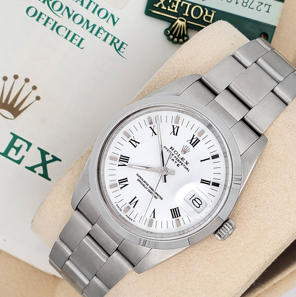 Rolex Oyster Perpetual Date 34mm White Roman Steel Oyster 15000 Watch Box Papers