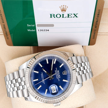 Rolex Datejust 41 Blue Index Dial White Gold Fluted Bezel Steel Jubilee Watch 126334 Box Papers