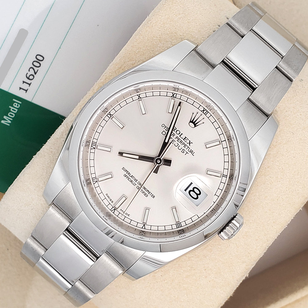 Rolex Datejust 36mm Silver Index Steel Oyster Watch 116200 Box Papers