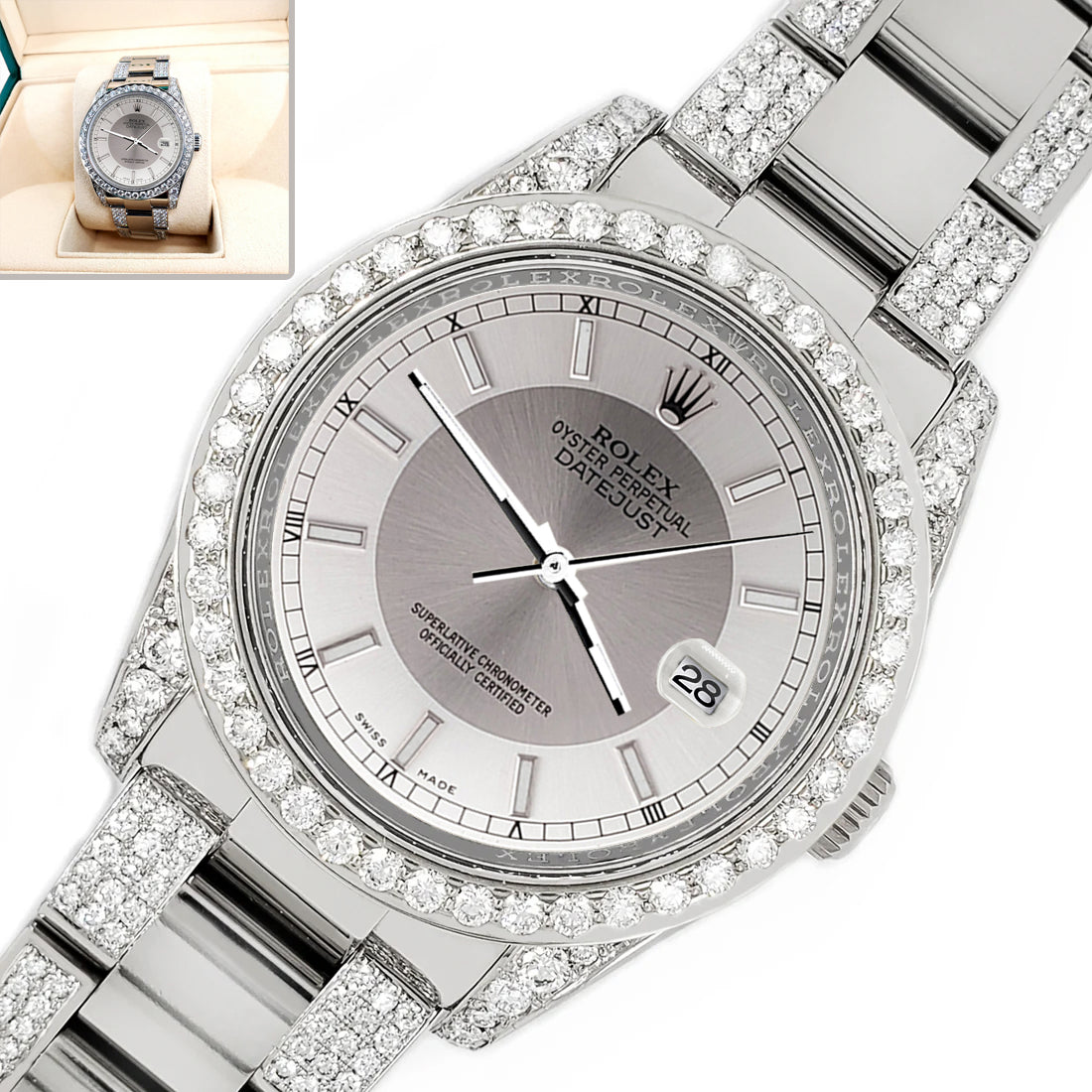 Rolex Datejust 36mm 5.9ct Diamond Bezel/Lugs/Bracelet/Silver Tuxedo Dial Steel Watch 116200 Box Papers