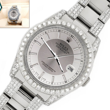 Rolex Datejust 36mm 5.9ct Diamond Bezel/Lugs/Bracelet/Silver Tuxedo Dial Steel Watch 116200 Box Papers
