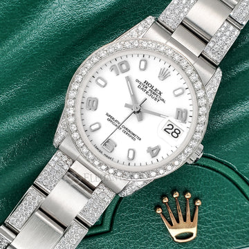 Rolex Datejust Midsize 31mm White Arabic Dial 3.5ct Diamond Bezel/Lugs/Bracelet Oyster Watch