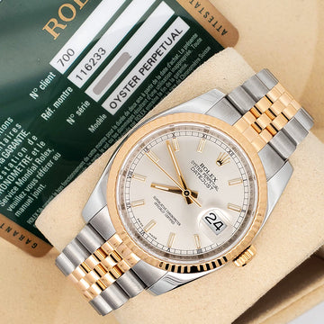 Rolex Datejust 36mm Silver Index 2-Tone Yellow Gold/Steel Jubilee Watch 116233 Box Papers