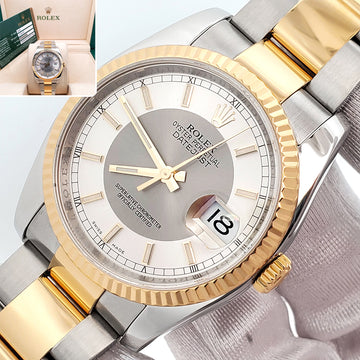 Rolex Datejust 36mm Silver Tuxedo 2-tone Yellow Gold/Steel 116233 Oyster Watch Box Papers