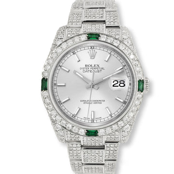 Rolex Datejust 36mm 12.4ct Diamonds Emeralds Bezel/Case/Bracelet Silver Index Dial Steel Watch Box Papers