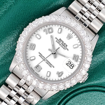 Rolex Datejust Midsize 31mm White Arabic Dial 2.25ct Diamond Bezel Jubilee Watch