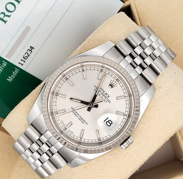 Rolex Datejust 36mm Silver Index White Gold Fluted Bezel Steel Jubilee Watch 116234 Box Papers