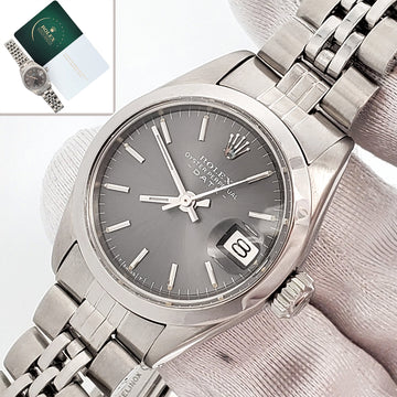 Certified Rolex Oyster Perpetual Lady Date 6916 Gray Index Dial Steel Jubilee 26mm Watch Service Card