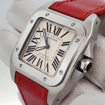 Cartier Santos 100 Midsize Red Leather Strap Watch 2878 W20106X8