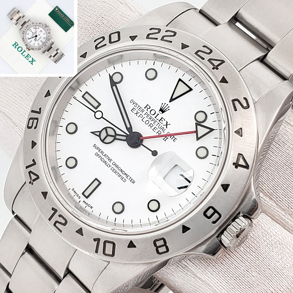 2002 Rolex Explorer II Polar White Steel Oyster 40mm Watch 16570 Papers/Serial Tag