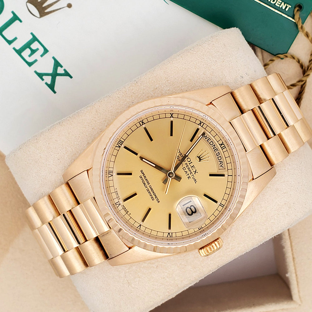 Rolex President Day-Date 36mm 18238 Factory Champagne Index Double-Quick Yellow Gold Watch Box Papers