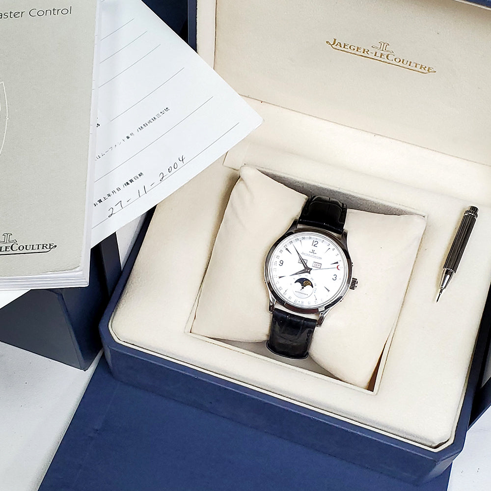 Jaeger LeCoultre Master Control Calendar Moon 37mm Steel Watch 140.8.98.S Q143842A Box Papers