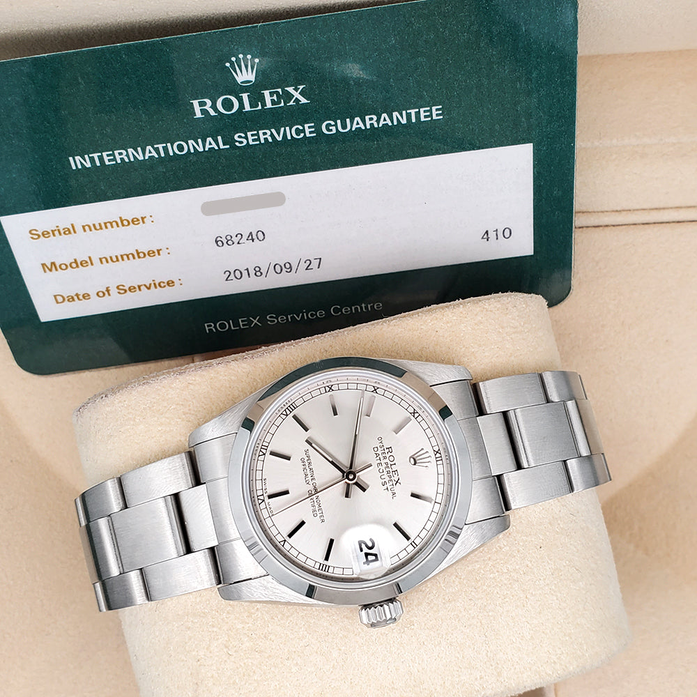 Rolex Datejust 31mm Silver Index Steel Oyster Watch 68240 Box Papers Serviced in 2018