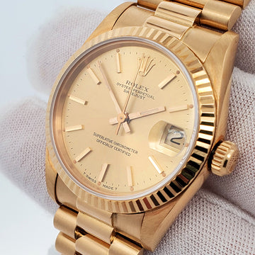 Rolex President Datejust 31mm Champagne Index Dial Fluted Yellow Gold Watch 68278