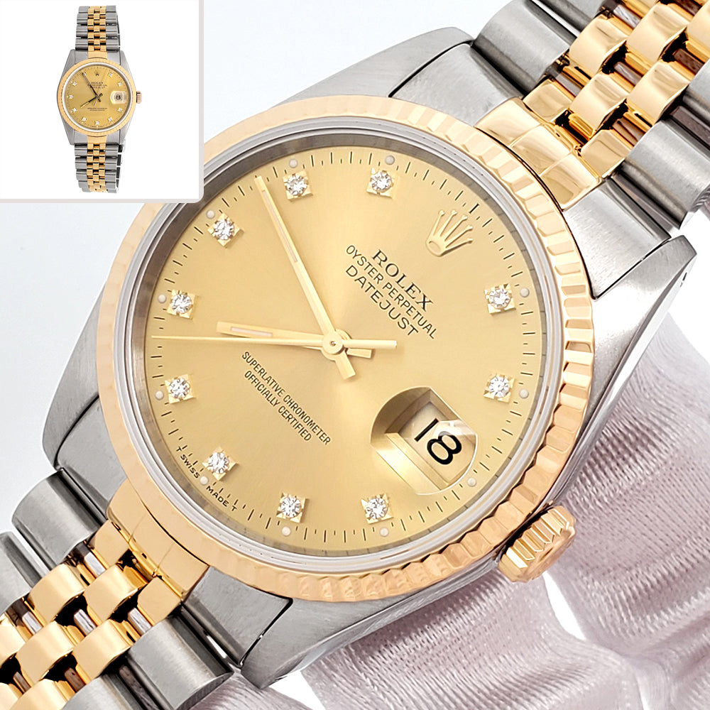 Rolex Datejust 36mm 16233 Factory Champagne Diamond Dial Yellow Gold/Steel Watch