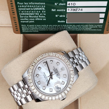 Rolex Datejust 31mm Custom 1.35ct Diamond Bezel/White MOP Diamond Dial Steel Jubilee Watch 178274 Box Papers