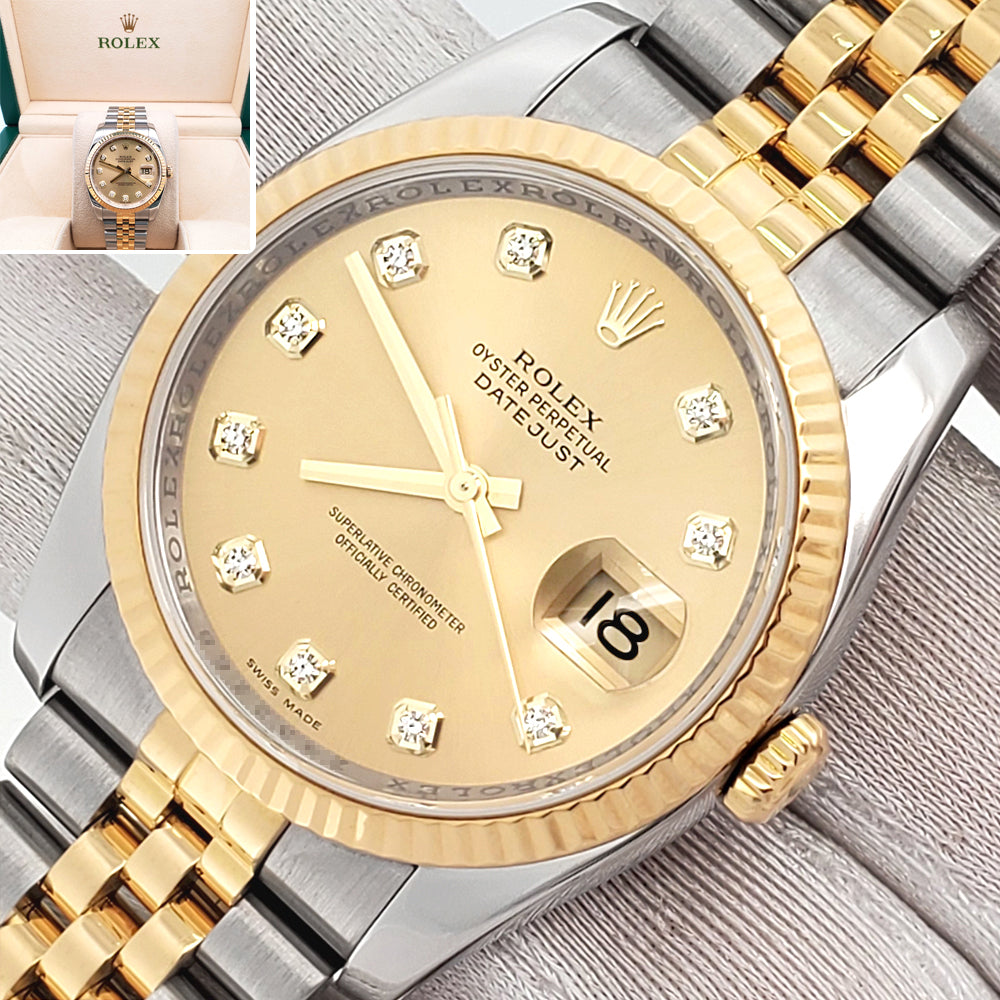Rolex Datejust Factory Champagne Diamond Dial 2-tone Yellow Gold/Steel Jubilee 36mm Watch 116233