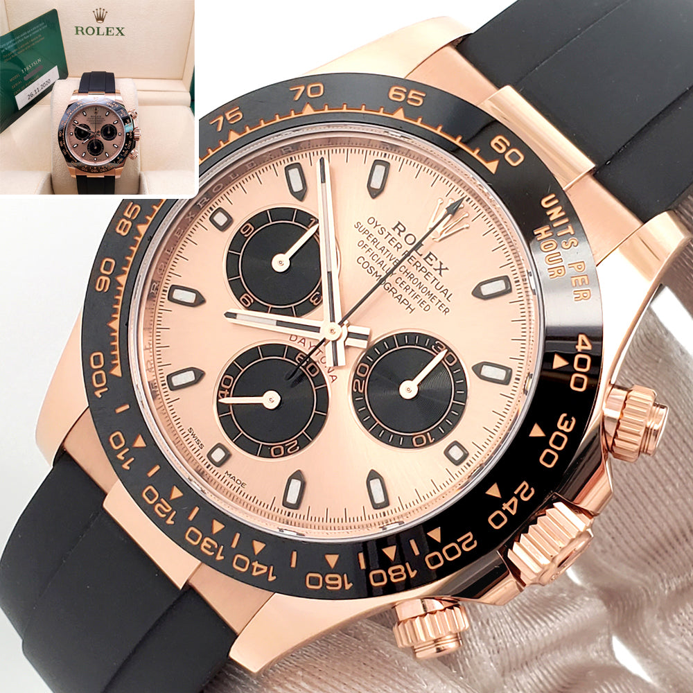 2020 Rolex Cosmograph Daytona 40mm Rose Dial Oysterflex Rubber Strap Everose Gold Watch 116515LN Box Papers