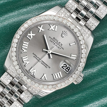 Rolex Datejust 31mm Silver Roman Dial 3.30ct Diamond Bezel/Bracelet Steel Watch 178240
