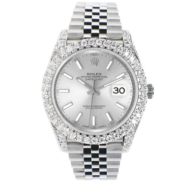 Rolex Datejust 41 5.9CT Diamond Bezel/Lugs/Sides/Silver Index Dial Jubilee Watch 126300 Box Papers
