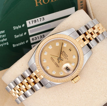 Rolex Datejust 26mm Factory Champagne Diamond Dial 2-tone Yellow/Gold Jubilee Watch 179173 Box Papers