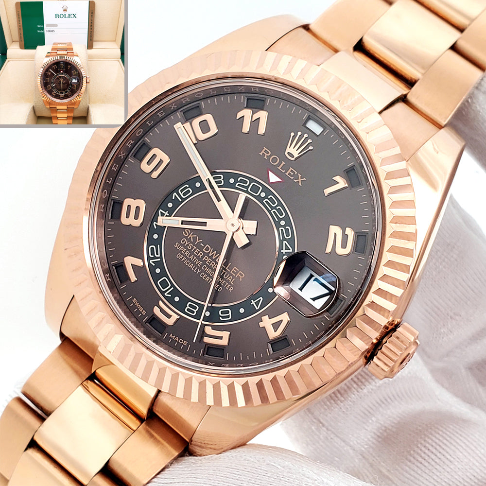 2016 Rolex Sky-Dweller 42mm Chocolate Arabic Dial Rose Gold Watch 326935 Box Papers