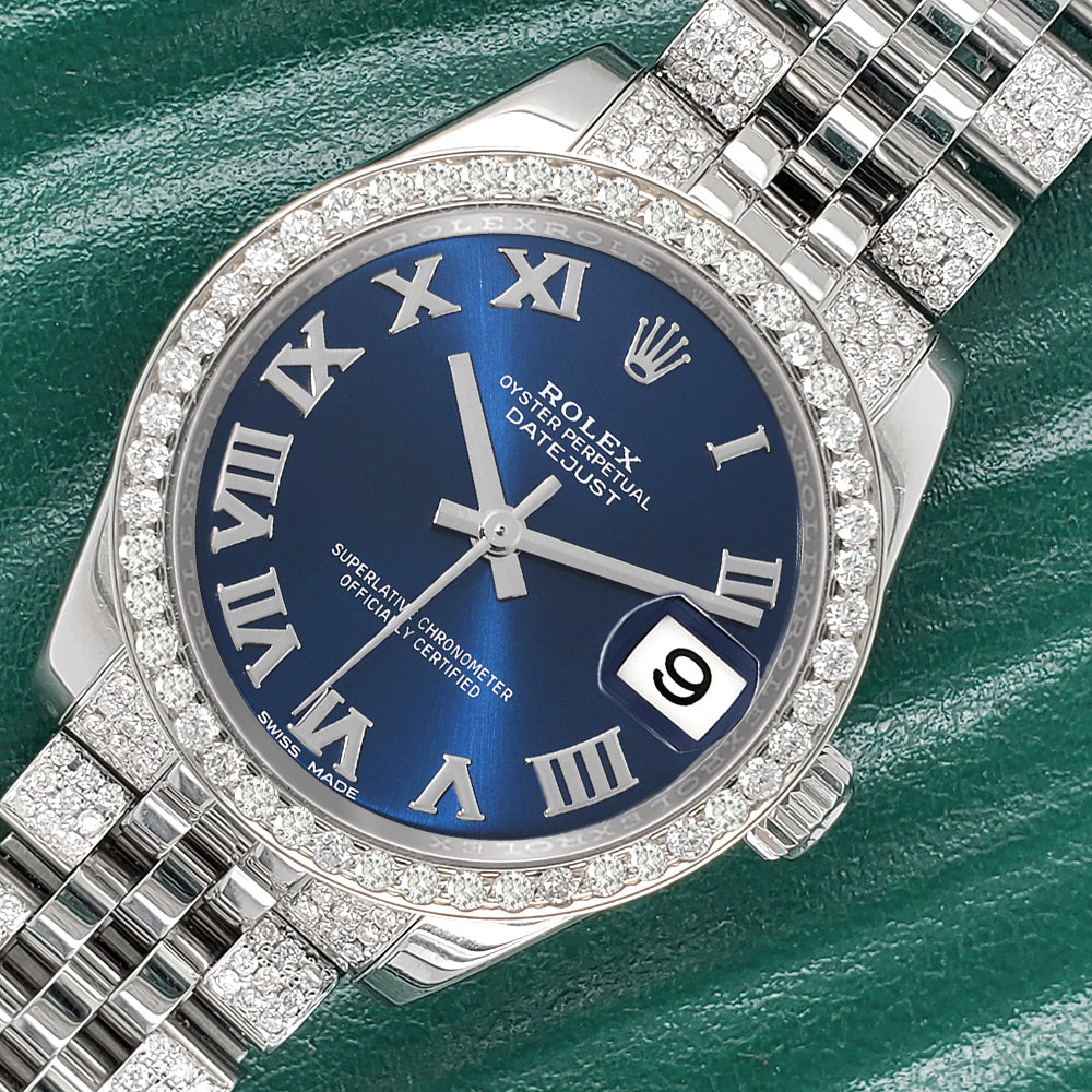 Rolex Datejust 31mm Blue Roman Dial 3.30ct Diamond Bezel/Bracelet Steel Watch 178240