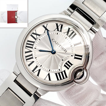 Cartier Ballon Bleu 36mm Silver Roman Dial Quartz Steel Watch W69011Z4 3005 Papers