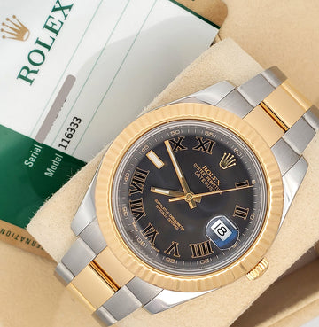 Rolex Datejust II 41mm Black Roman Dial 2-Tone Yellow Gold/ Steel Watch 116333 Box Papers