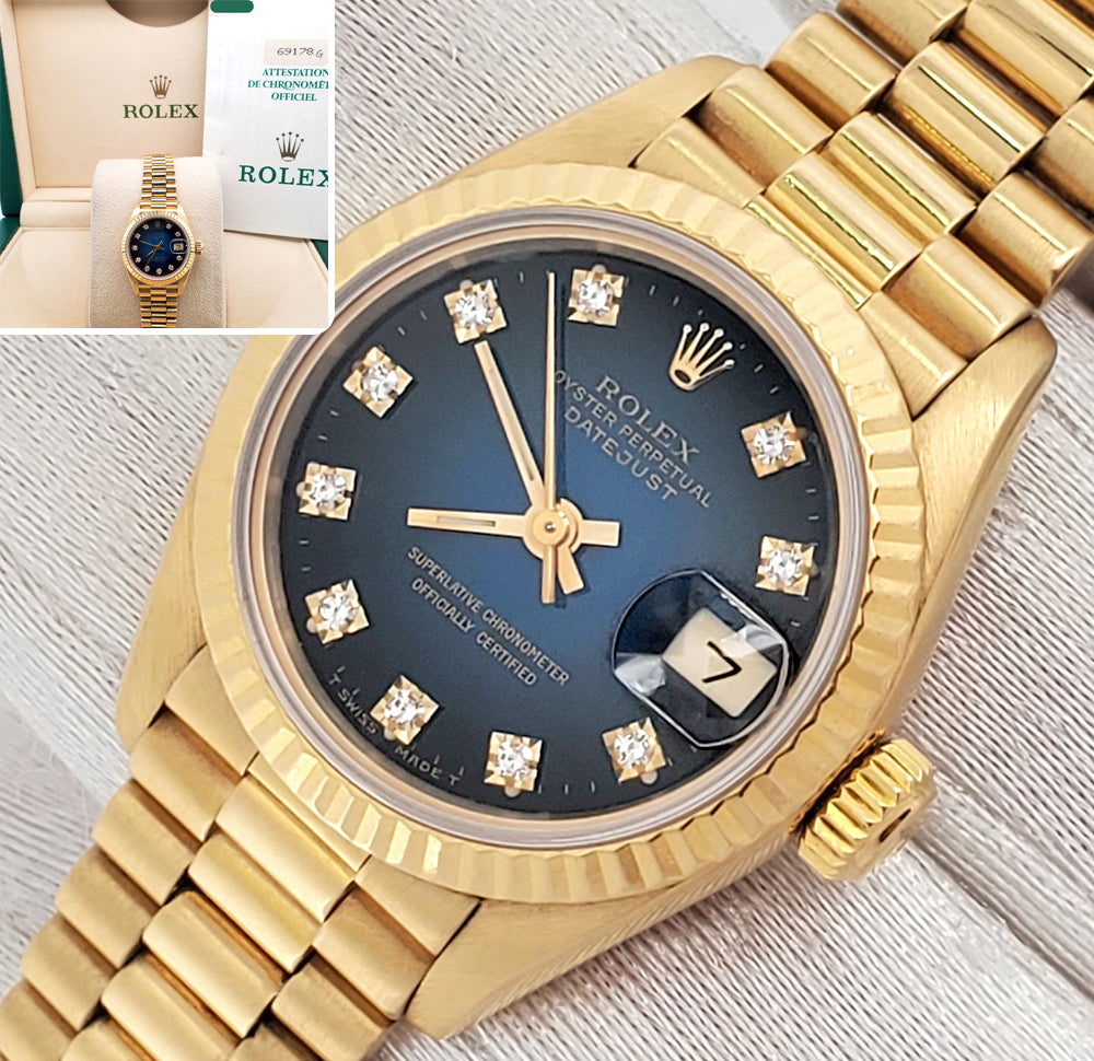 Rolex President Factory Blue Vignette Diamond Dial Yellow Gold Ladies 26mm Watch 69178 Box Papers
