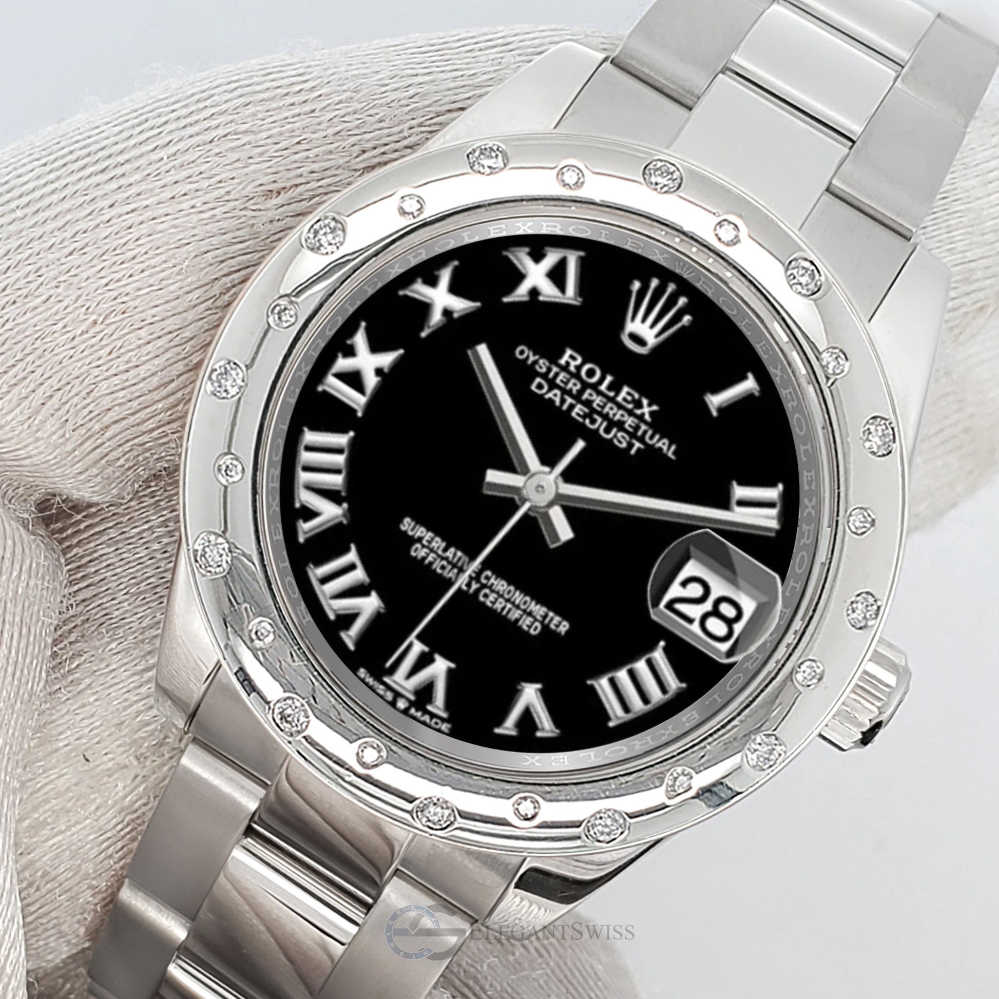 Rolex Datejust Midsize 31mm Black Roman Dial Custom Scattered Diamond