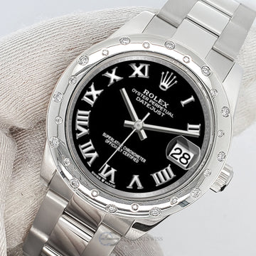 Rolex Datejust Midsize 31mm Black Roman Dial Scattered Diamond Bezel Watch 178240