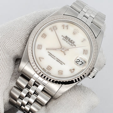 Rolex Datejust 31mm Factory White MOP Arabic Dial White Gold Fluted Bezel Steel Watch 78274 Box Papers