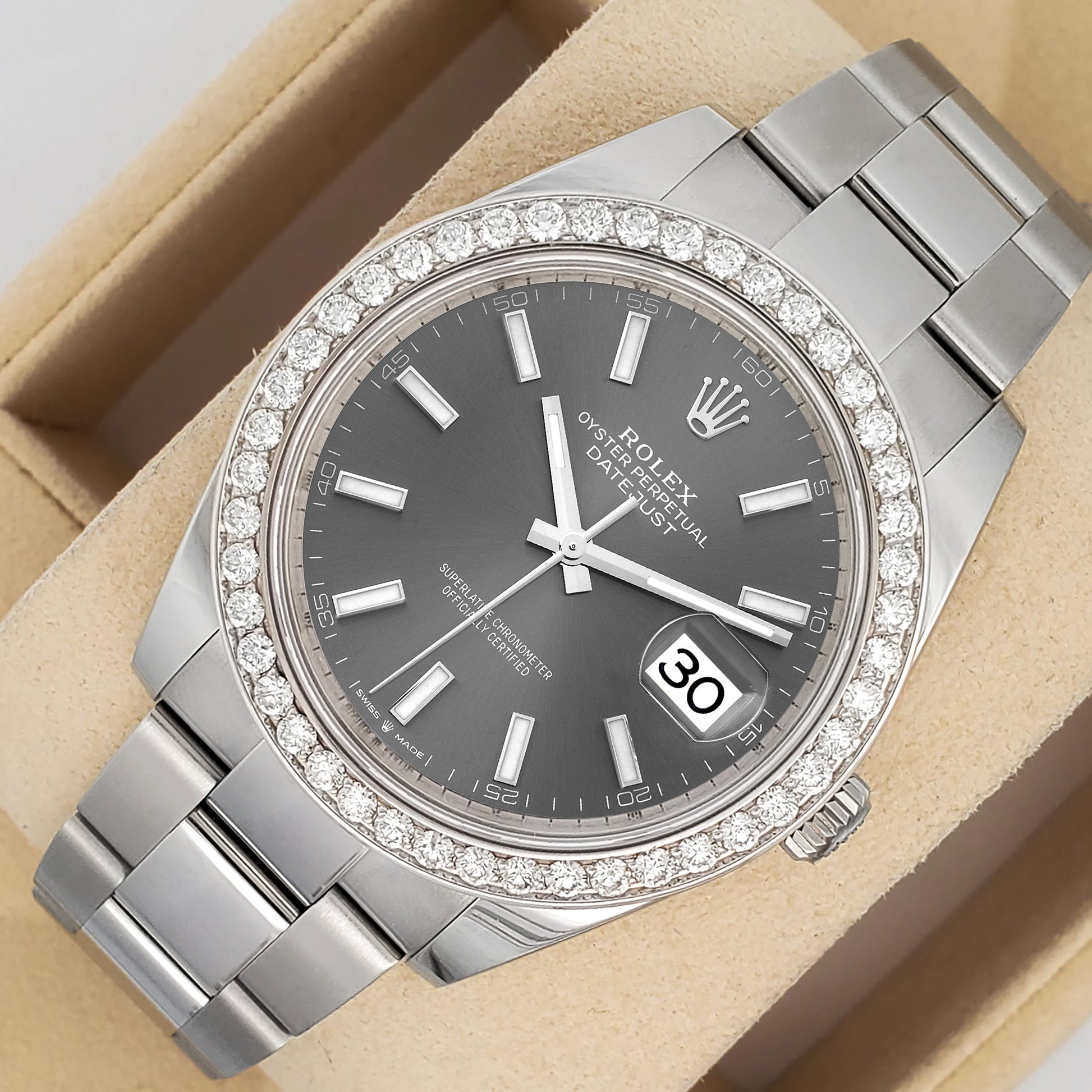 Rolex Datejust 41 126300 Grey Index 2.4CT Diamond Bezel Steel Oyster Watch Box Papers