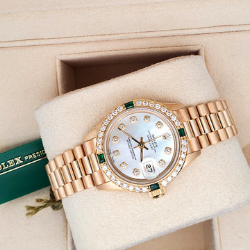 Rolex President Ladies 26mm Factory Diamond MOP Dial Yellow Gold Watch Custom Diamond Bezel 69178