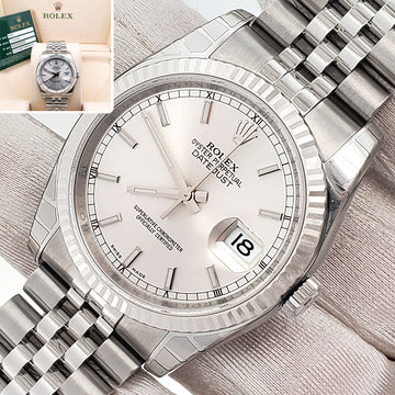 Unworn Stickered Rolex Datejust 36mm Silver Index White Gold Fluted Bezel Steel Jubilee Watch 116234 Box Papers