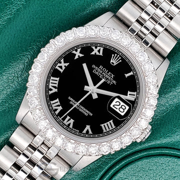 Rolex Datejust Midsize 31mm Black Roman Dial 2.25ct Diamond Bezel Jubilee Watch