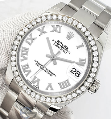 Rolex Datejust Midsize 31mm 178240 White Roman Dial Watch With 0.95ct Diamond Bezel