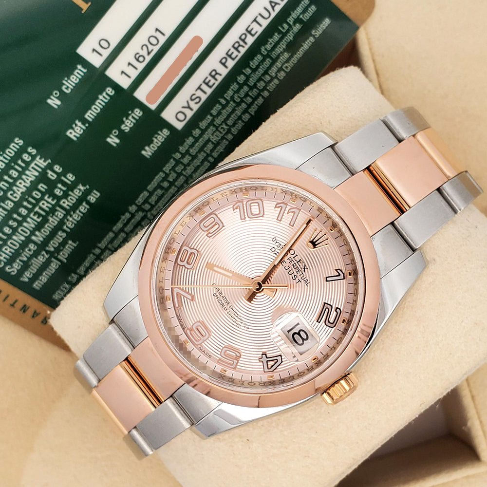 Rolex Datejust 36mm Pink Concentric Dial 2-tone Rose Gold/Steel Oyster Watch 116201 Box Papers