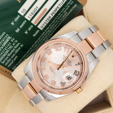 Rolex Datejust 36mm Pink Concentric Dial 2-tone Rose Gold/Steel Oyster Watch 116201 Box Papers