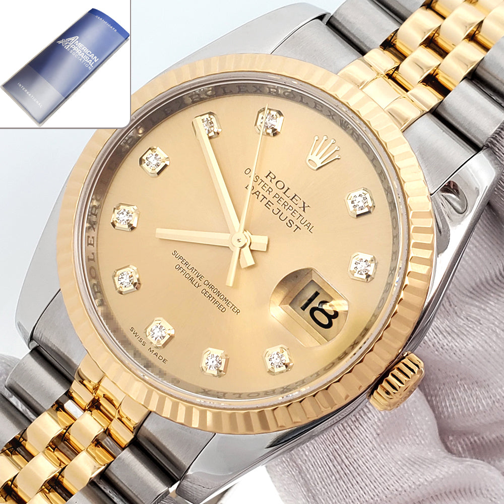 2010 Rolex Datejust Factory Champagne Diamond Dial 2-tone Yellow Gold/Steel Jubilee 36mm Watch 116233
