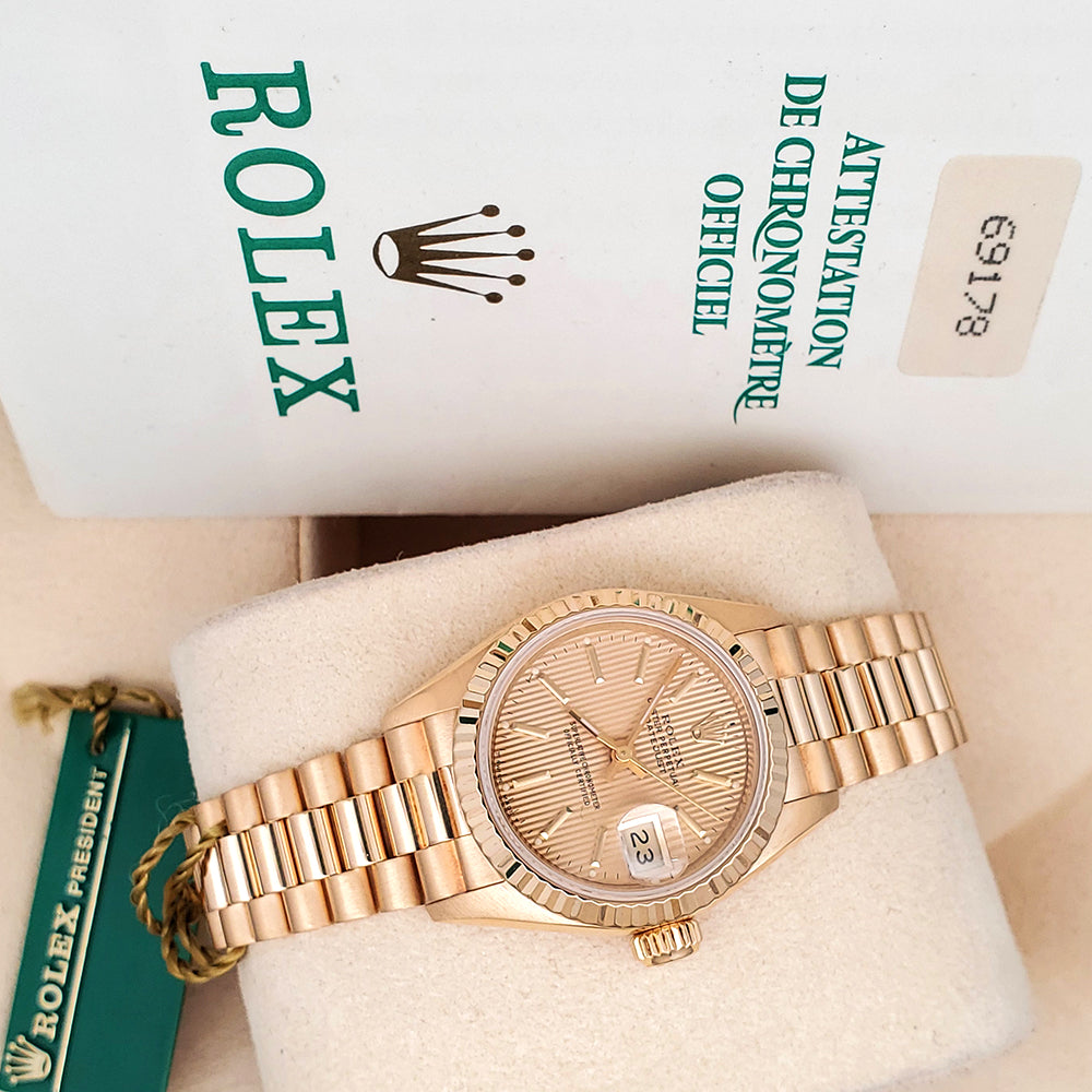 Rolex President 26mm Champagne Tapestry Dial Yellow Gold Watch 69178 Box Papers