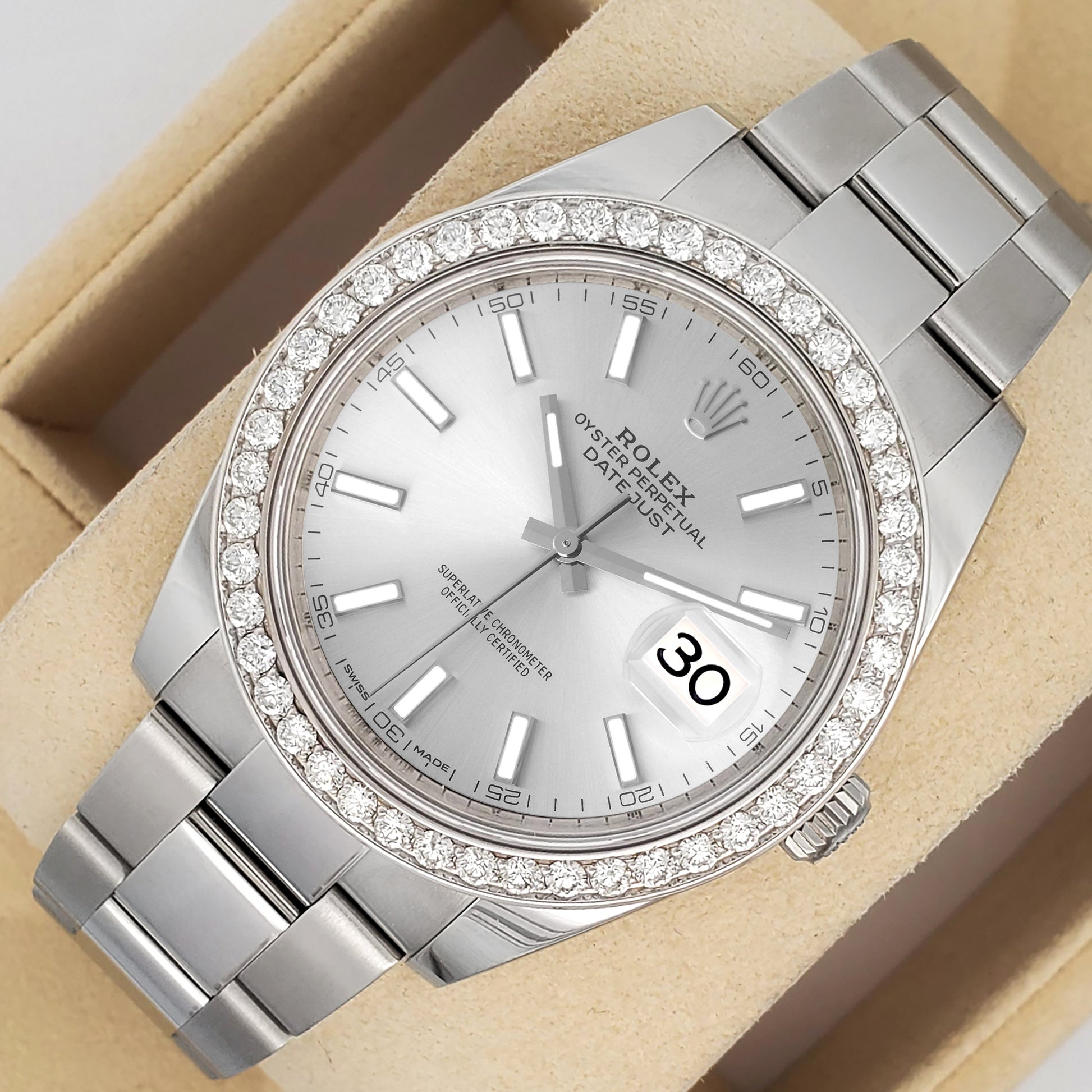 Rolex Datejust 41 126300 Silver Index 2.4CT Diamond Bezel Steel Oyster Watch Box Papers