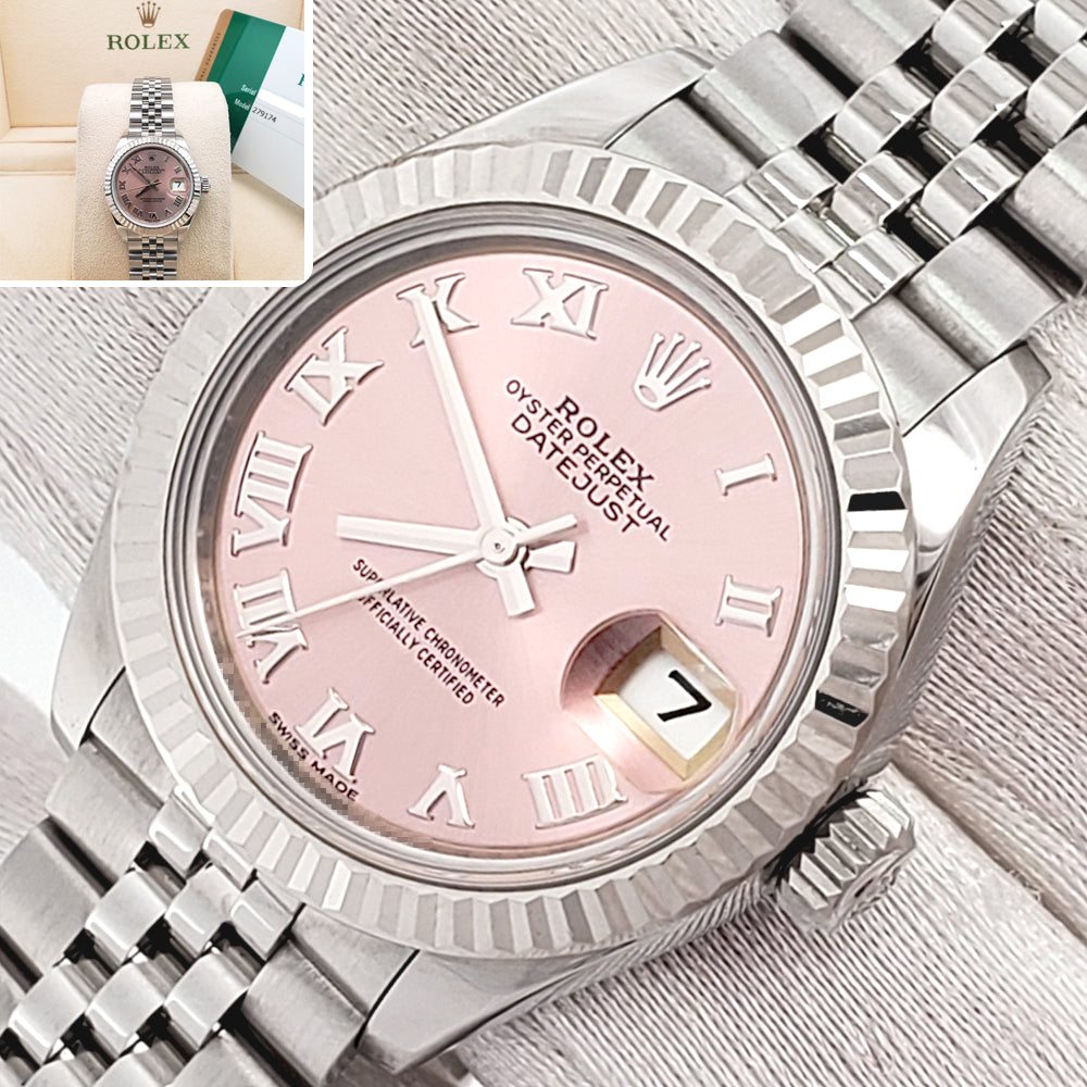 Rolex Datejust 28mm White Gold Bezel Pink Roman Dial Ladies Steel Jubilee Watch 279174 Box Papers