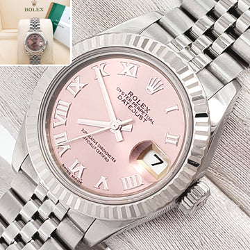 Rolex Datejust 28mm White Gold Bezel Pink Roman Dial Ladies Steel Jubilee Watch 279174 Box Papers